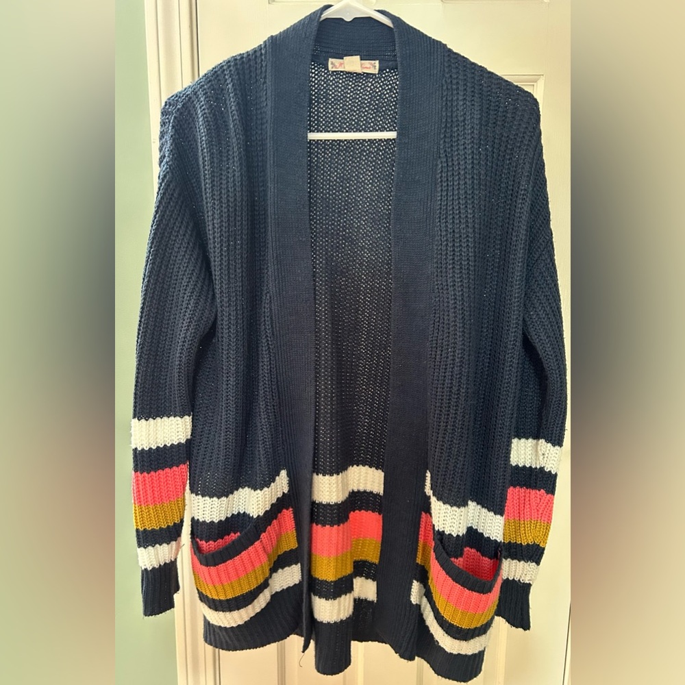 Women’s Small It's Our Time Navy Cardigan Sweater with Colorful Stripes